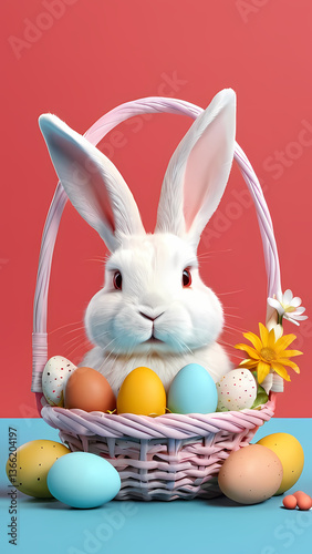 White bunny in a pink basket filled with colorful Easter eggs and flowers on a blue and pink background Generative AI