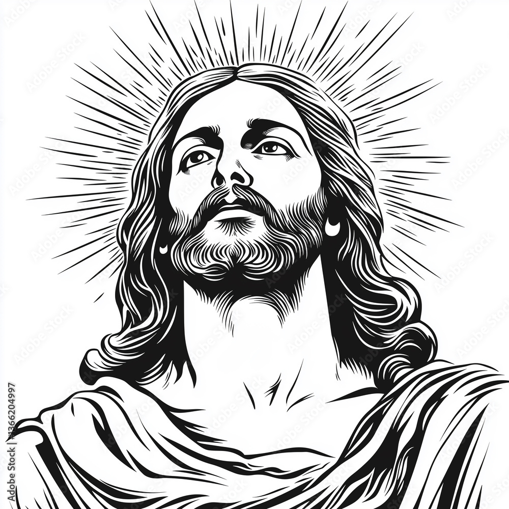 Fototapeta premium A high-contrast monochrome illustration depicts a stylized portrait of Jesus Christ. The image utilizes bold lines and shading to create a sense of depth and texture. His gaze is directed upward,