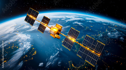 Satellite Orbiting Earth at Night: Illuminated Solar Panels and City Lights