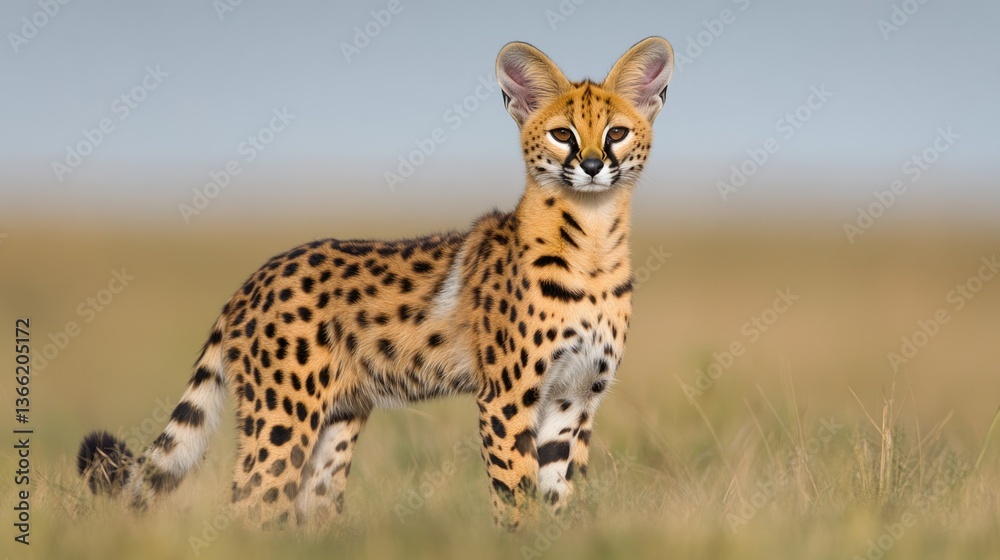 Obraz premium Sleek serval stands gracefully in tall grass, showcasing stunnin