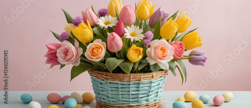 Spring floral arrangement with pastel Easter eggs in a wicker basket set against a soft pink backdrop Generative AI