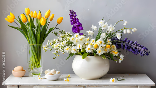 Fresh spring flowers arranged in a vase on a wooden table surrounded by eggs Generative AI