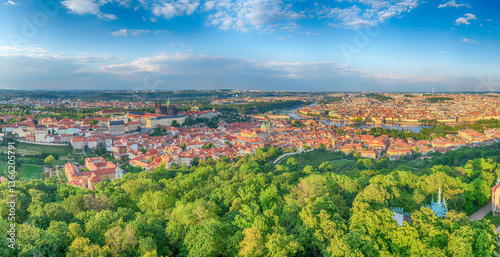 Panoramic view of Prague with Vltava river from Petrin hill