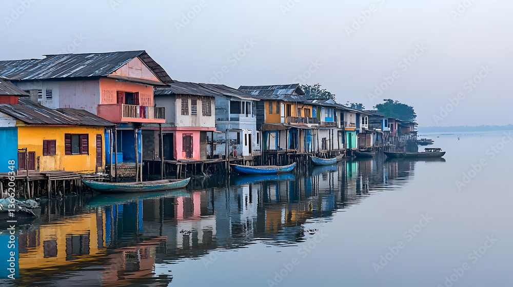 Obraz premium Colorful Buildings Over Water with Reflections and Boats in Foggy Morning Light