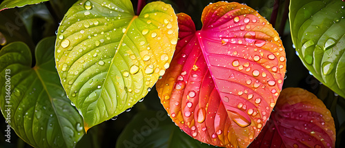 Colorful leaves glisten with raindrops in a lush garden setting during late spring Generative AI