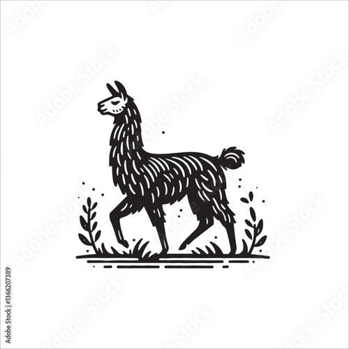 Simple Llama Walking Side View Vector Icon – Vintage Logo & Retro Illustration