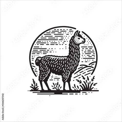 Simple Alpaca Standing Vector Icon – Vintage Logo & Retro Illustration
