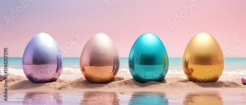 Colorful decorative eggs placed on sandy beach during sunset with gentle waves lapping against the shore Generative AI
