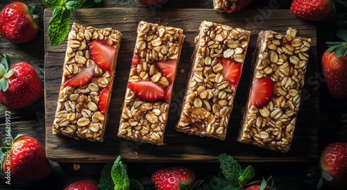 Delicious Granola Bars With Strawberries and Mint on a Wooden Board in a Brig...