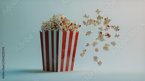 Popcorn Splashes From Striped Bucket on a Bright Background Creating a Playfu...