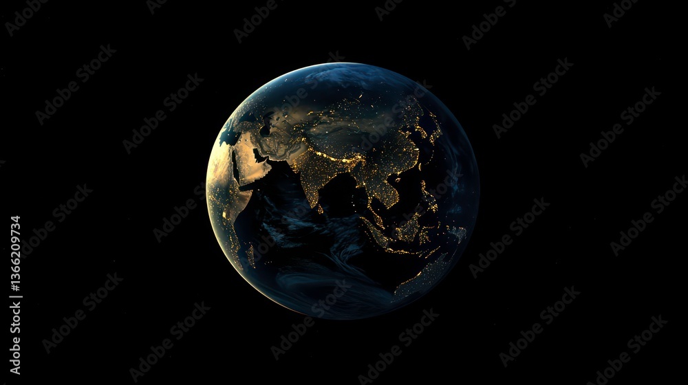 Fototapeta premium Earth seen from space at night. Planet glows with city lights. Dark space background. Planet shows continents. Night view of earth. Amazing view. Life concept. Modern civilization. High definition