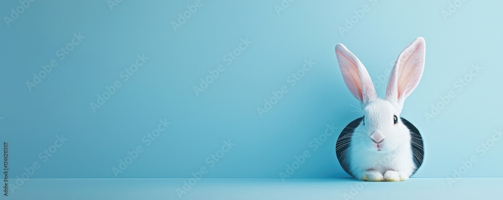 White bunny resting in a hole on pastel blue background with open copy space, ideal for Easter banners, playful spring promotions, and cheerful minimalist seasonal content White bunny resting in a hole on pastel blue background with open copy space, ideal for Easter banners, playful spring promotions, and cheerful minimalist seasonal content