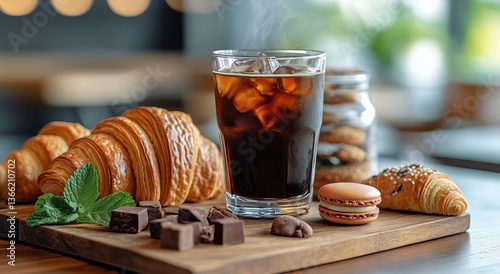 Freshly Baked Croissants With Chilled Drink Served During a Cozy Morning Gath...
