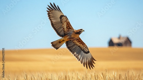 Red-tailed hawk soars gracefully over the golden field with outbuilding