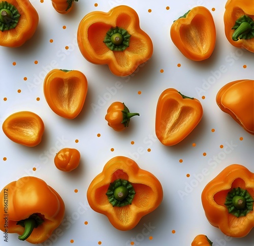Bright Yellow Bell Pepper Surrounded by Sliced Pieces on a White Surface in a...