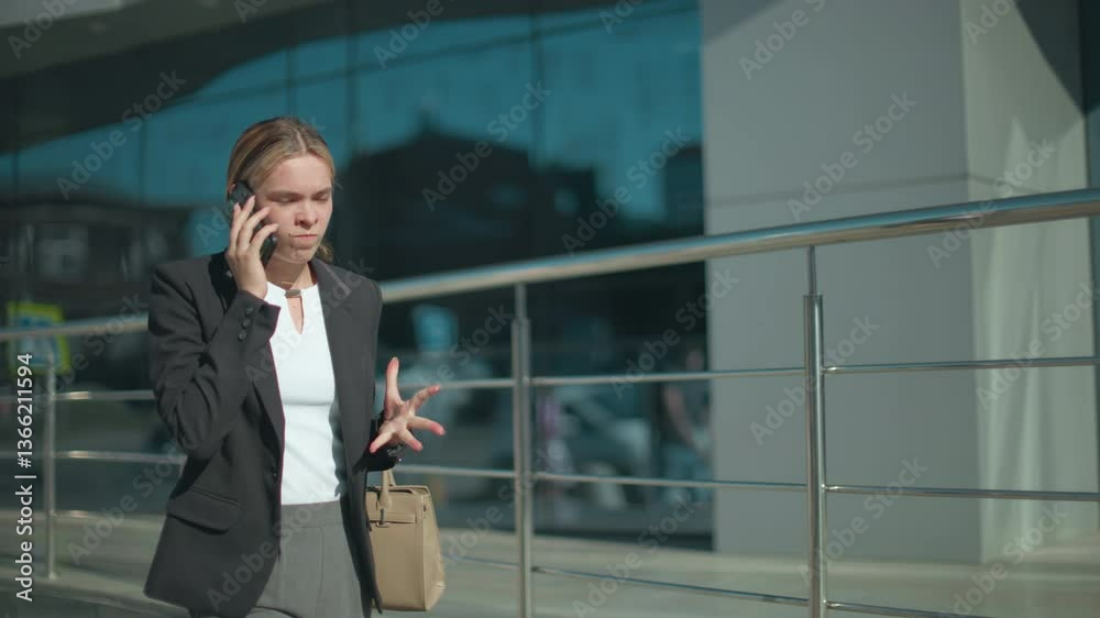 Young girl on phone shows clear frustration during intense conversation, clenching fist and walking past modern mall with reflective glass windows showing blurred street scene and urban environment Young girl on phone shows clear frustration during intense conversation, clenching fist and walking past modern mall with reflective glass windows showing blurred street scene and urban environment