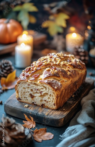 Baked Bread With Dried Fruits on a Rustic Wooden Board in a Cozy Setting