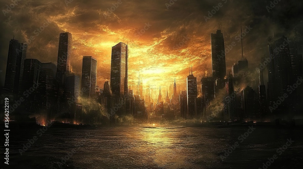 Obraz premium Dystopian Metropolis with Dark Skies and Flickering Lights