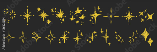 Stars big set. Chalk textured kids freehand drawing shine twinkle. Crayon hand drawn child scribble spark. Pastel pencil childish decorative sparkling collection. Sketch vector illustration isolated