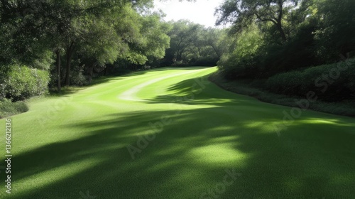 Lush green golf course fairway with soft shadows