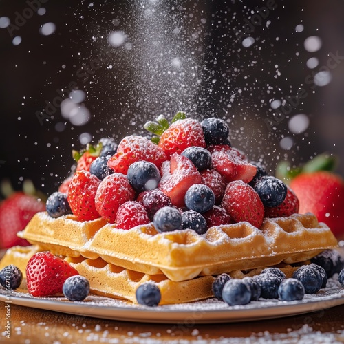 Delicious Stack of Waffles Topped With Fresh Berries and Powdered Sugar Serve...