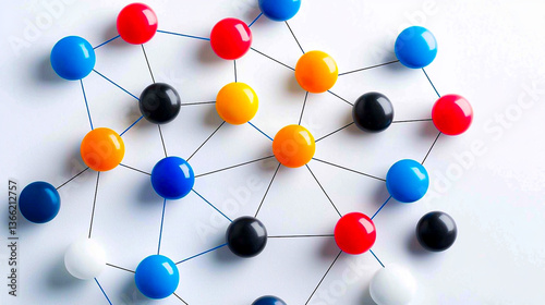 Colorful Pushpins Connected by Lines on White Background