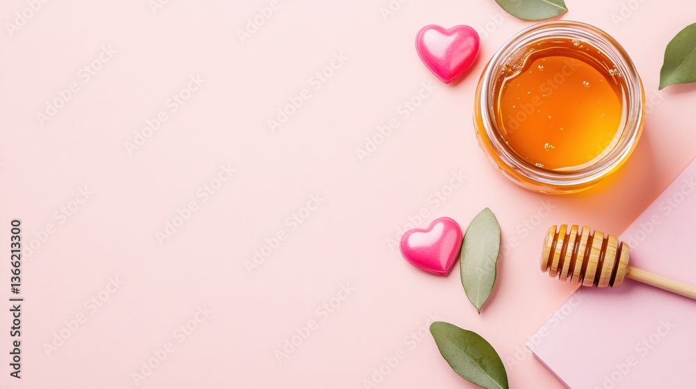 Flatlay featuring honey jar, heart-shaped candy, and blush notebook on peach background perfect for romantic moments Flatlay featuring honey jar, heart-shaped candy, and blush notebook on peach background perfect for romantic moments