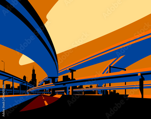 Blue highway overpass with black shadows and city skyline in orange sunset light. Modern urban life conceptual vector illustration in flat style