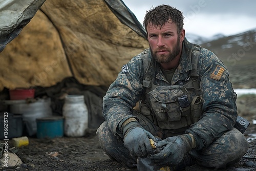 A man in camouflage clothing sits near a tent. He is holding objects in his hands.