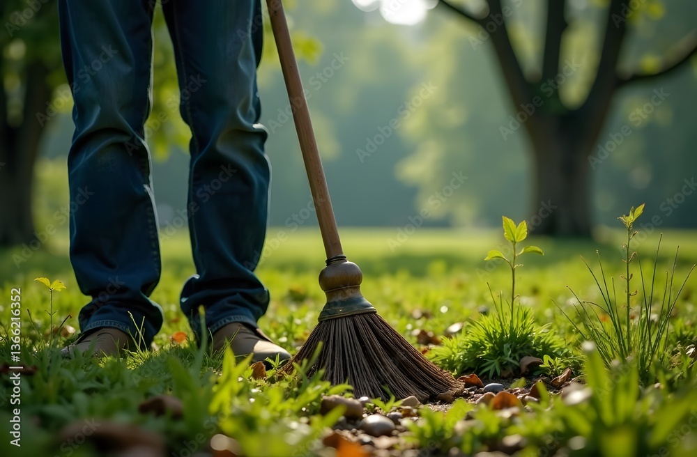 a man sweeping leaves with a broom and collecting them in a pile. Cleaning concept a man sweeping leaves with a broom and collecting them in a pile. Cleaning concept