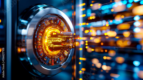 Server Rack Door Lock Close Up with Intricate Orange and Blue Digital Patterns Representing Data Security and Network