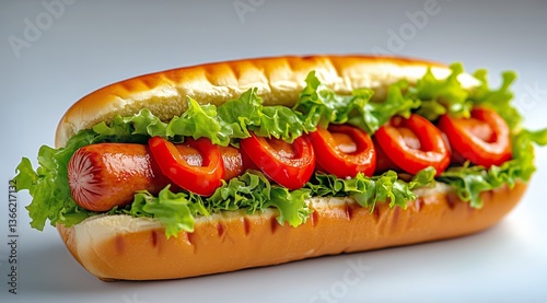Delicious Hot Dog With Fresh Lettuce, Mustard, and Tomatoes on a Bun