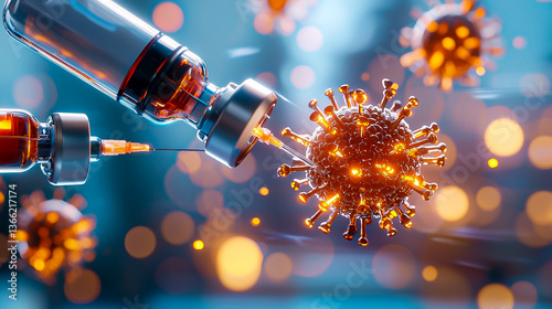 Syringe Extracts Liquid from Vial near 3D Virus Cell with Spikes and Bokeh Lights in Blue and Orange Background