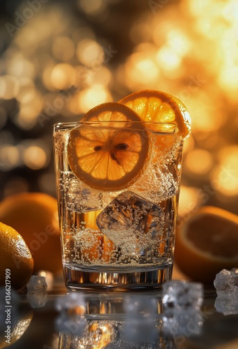 Refreshing Citrus Cocktail With Ice and Oranges on a Bright Background During...