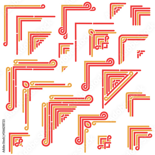 Red and gold templates corner in chinese style . Deco borders, asian ornament. Objects isolated on white background. Vector set