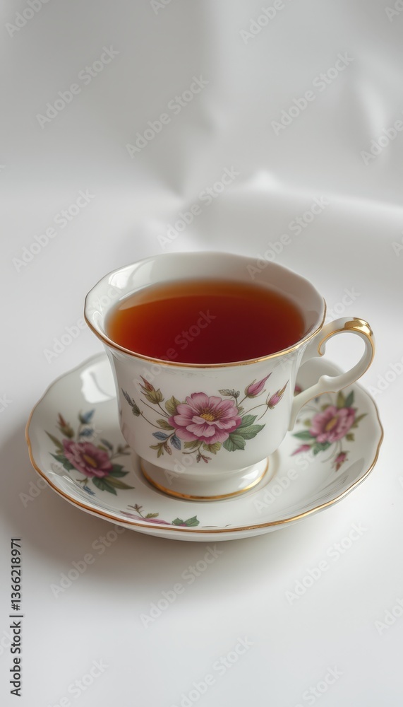 Elegant tea cup with rosy floral design on white background Elegant tea cup with rosy floral design on white background