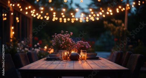 Cozy Outdoor Dining Setup With String Lights and Candles at Twilight in a Garden