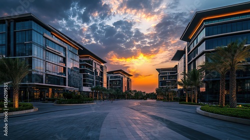 Dubai, United Arab Emirates The Square, modern buildings at sunset