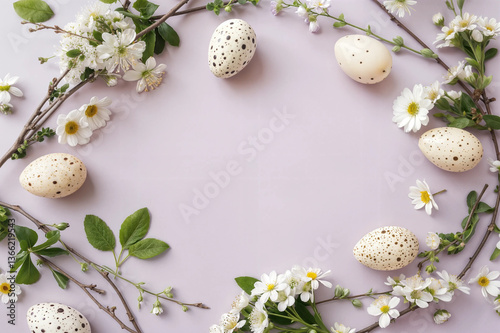 Spring floral frame made of white blossoms and spotted Easter eggs arranged on a pastel lavender background, perfect for seasonal promotions, invitations, or greeting cards.