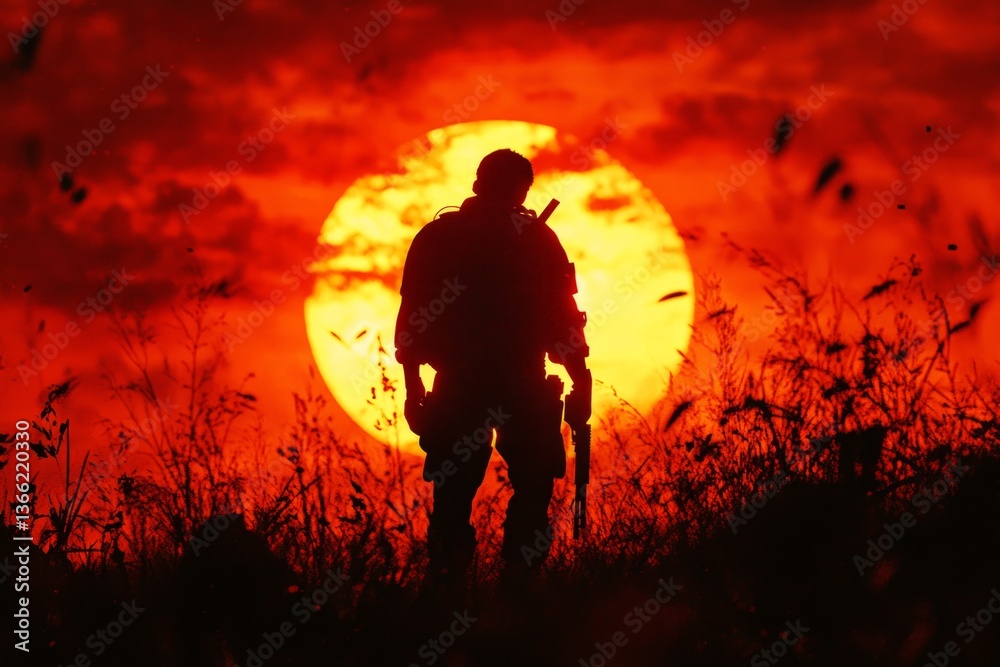 Fototapeta premium Silhouette of a soldier standing in tall grass against a vibrant orange sunset, creating a dramatic and evocative scene