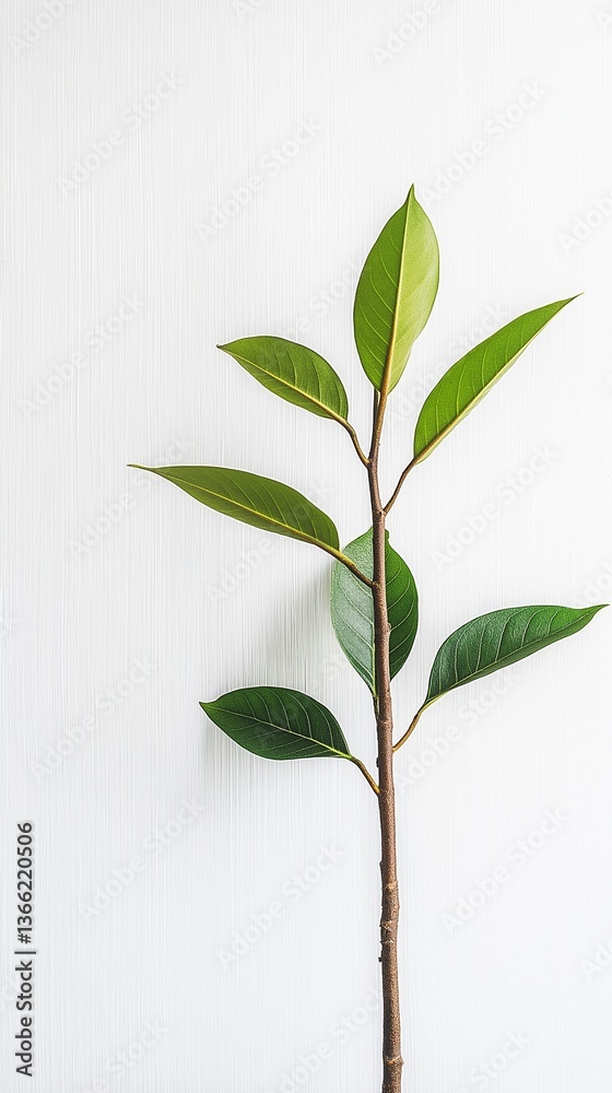 Fototapeta premium Green leaves on a branch against a white background, Mobile Background