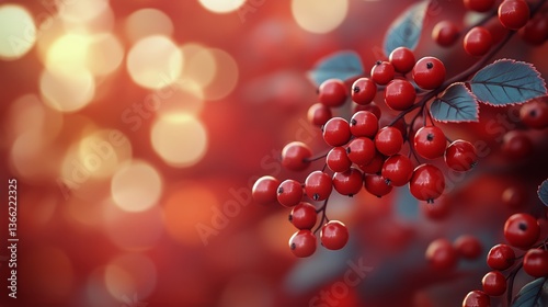 Bright Red Berries Glisten With Rain Droplets on Lush Green Leaves in a Natur...