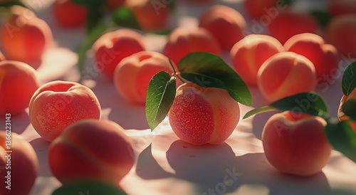 Fresh Peaches Arranged With Green Leaves in Natural Light During Summer Harvest