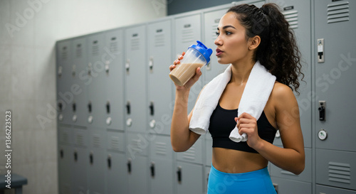 Mulher na academia tomando um shake de whey
