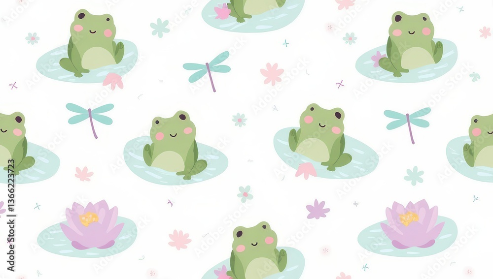 Obraz premium Cute Frogs Seamless Pattern: Lily Pads, Dragonflies, Flowers