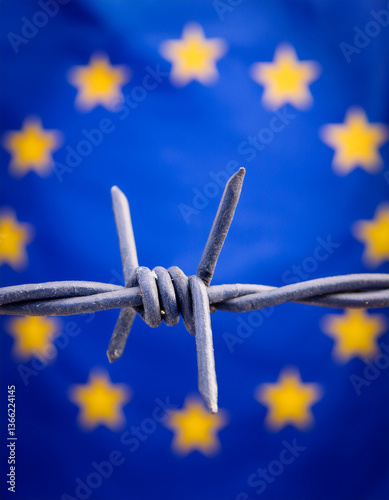 Barbed wire against blurred European Union flag. Representation of immigration policies, security