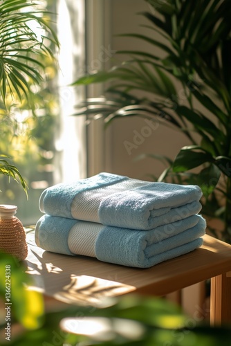 Soft Blue Towels Neatly Stacked on a Wooden Table in a Bright, Tranquil Indoo...