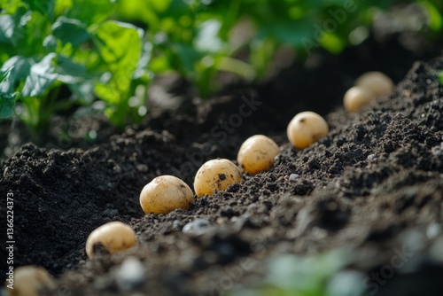 Seed potatoes are carefully placed in a furrow of dark, fertile soil, ready to sprout and grow into a healthy crop