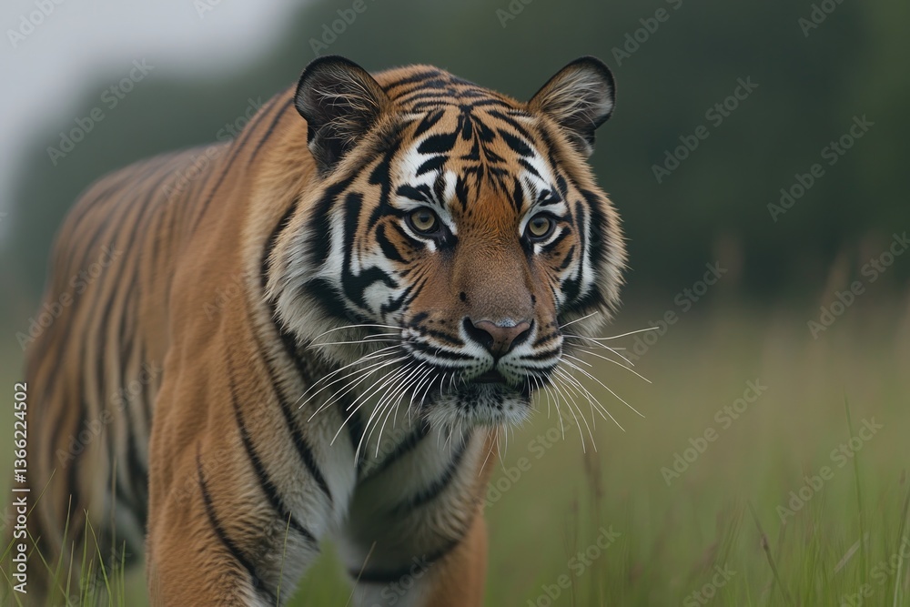 Fototapeta premium Majestic tiger prowls through lush grass, showcasing striking st