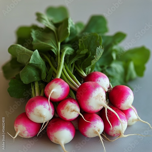 Freshly Harvested Radishes With Green Leafy Tops on a Plain Background